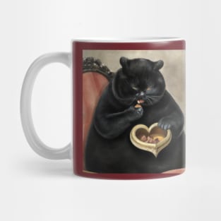 Black chunky cat shamefully eating chocolates valentine's day Mug